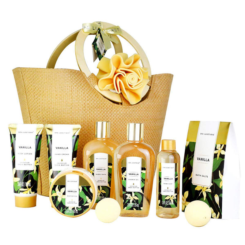 Spa Luxetique Vanilla Spa Gift Basket for Women with Bath Bombs, Body Lotion & More