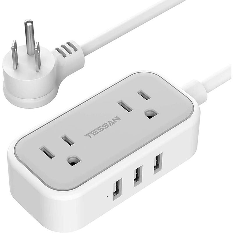 TESSAN Small Flat Plug Power Strip with 3 USB Ports, 2 Outlet Portable Plug Strip