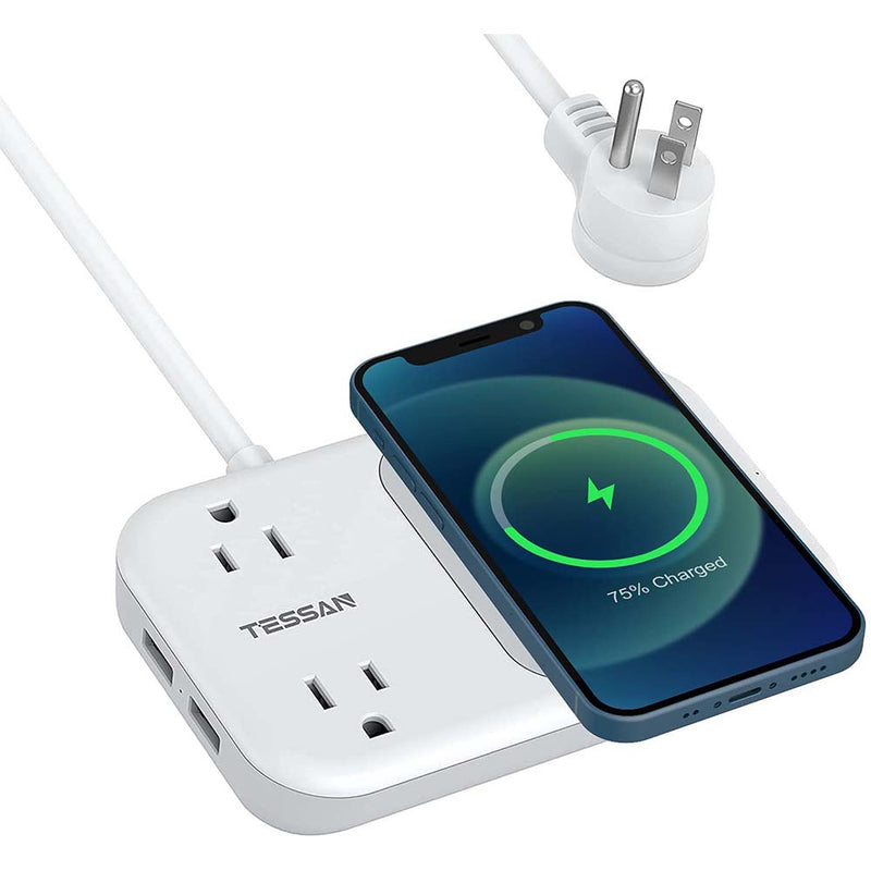 TESSAN Small Power Strip 2 USB 1 Wireless Charger, Mini Flat Plug Nightstand Desktop Charging Station