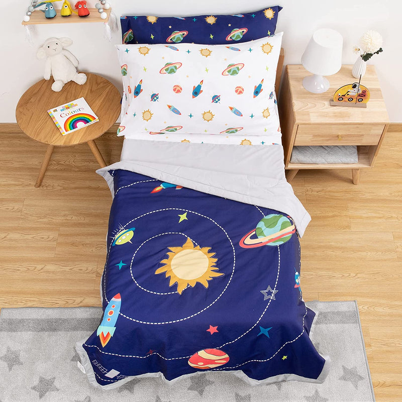 TILLYOU 5-Piece Solid Toddler Bedding Set for Boys or Girls, Bed-in-a-Bag Microfiber Comforter Set