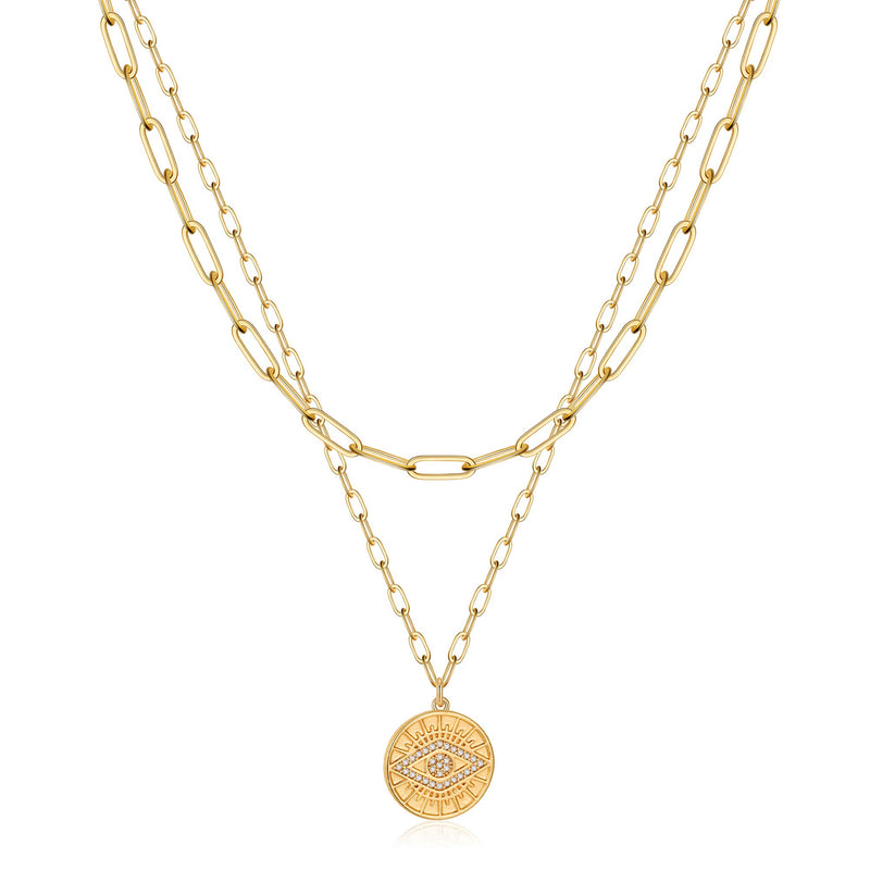 Turandoss Gold Necklaces - 14K Gold Plated Lock Evil Eye Medallion Vintage Coin