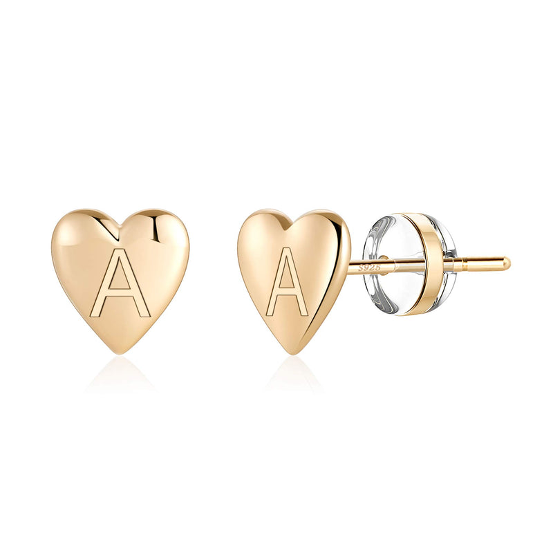 Turandoss Heart Initial Stud Earrings - S925 Sterling Silver Post 14K Gold Plated