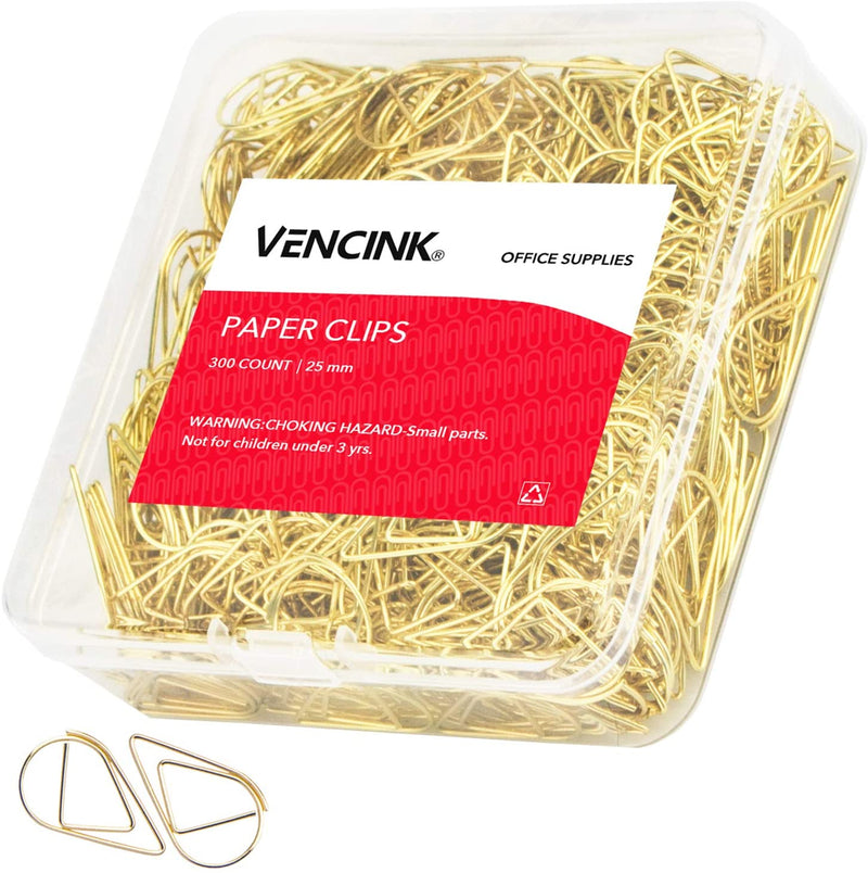VENCINK 300 Pieces Gold Cute Paper Clips Smooth Stainless Steel Drop-Shaped Wire Small Paperclips