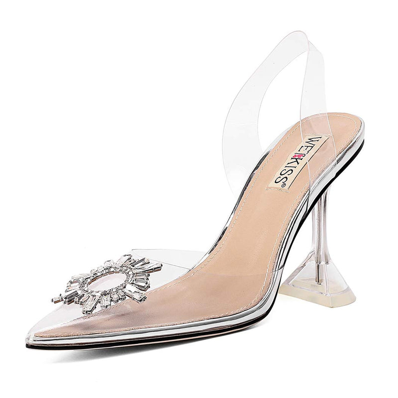 WETKISS Clear Heels Shoes, Transparent PVC Crystal Pointed Toe High Heels Sandals