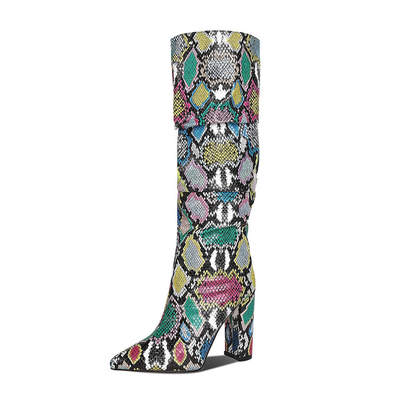 WETKISS Knee High Colorful Snakeskin Boots Mid-Calf Snake Print Booties High Heels