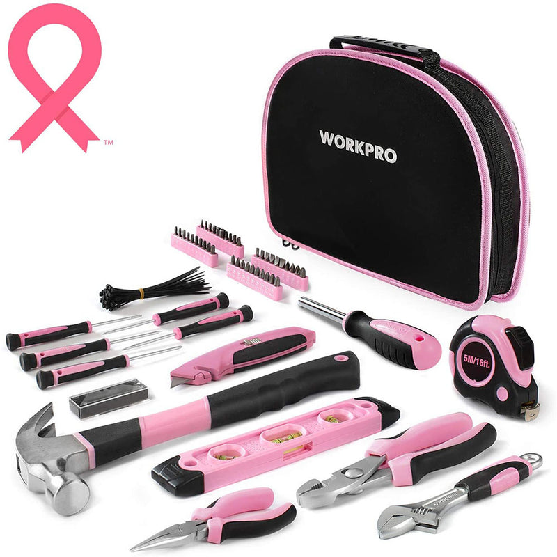 WORKPRO 103-Piece Pink Tool Kit - Ladies Hand Tool Set with Easy Carrying Round Pouch - Durable, Long Lasting Chrome Finish Tools