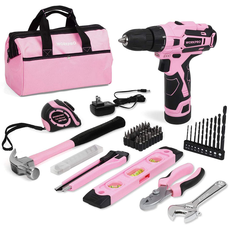 WORKPRO 12V Pink Cordless Drill and Home Tool Kit, 61 Pieces Hand Tool , 14-inch Storage Bag Included