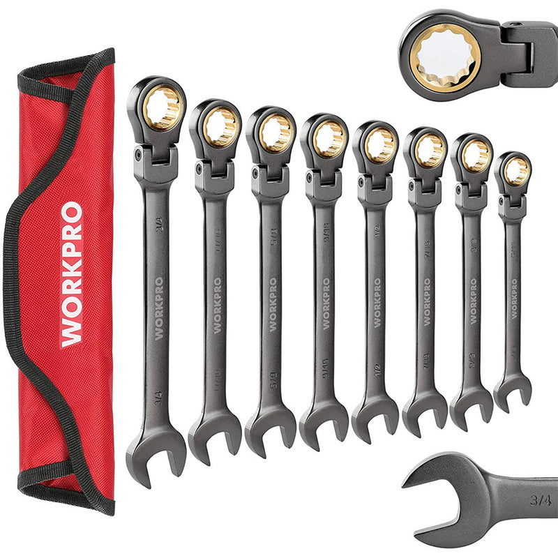 WORKPRO 8-piece Flex-Head Ratcheting Combination Wrench Set, Cr-V Constructed, Nickel Plating
