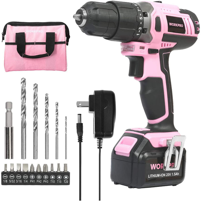 WORKPRO Pink Cordless 20V Lithium-ion Drill Driver Set, 1 Battery, Charger and Storage Bag Included - Pink Ribbon