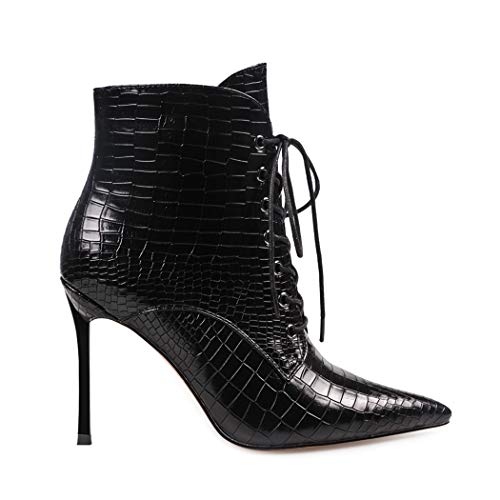 Wetkiss Ankle Booties Mid-Calf Stiletto Boots Embossed Pointed High Heel Lace Up Short Booties