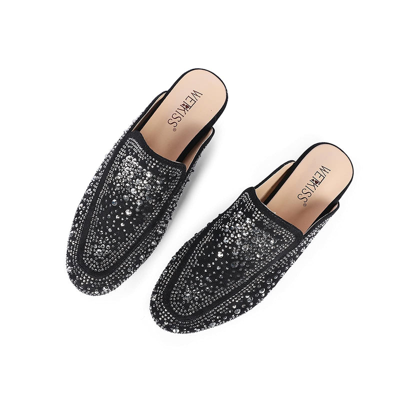 Wetkiss Studded Mules Rivet Flats Loafer Gold Chain Casual Shoes Slip on Slide Sandals Slipers