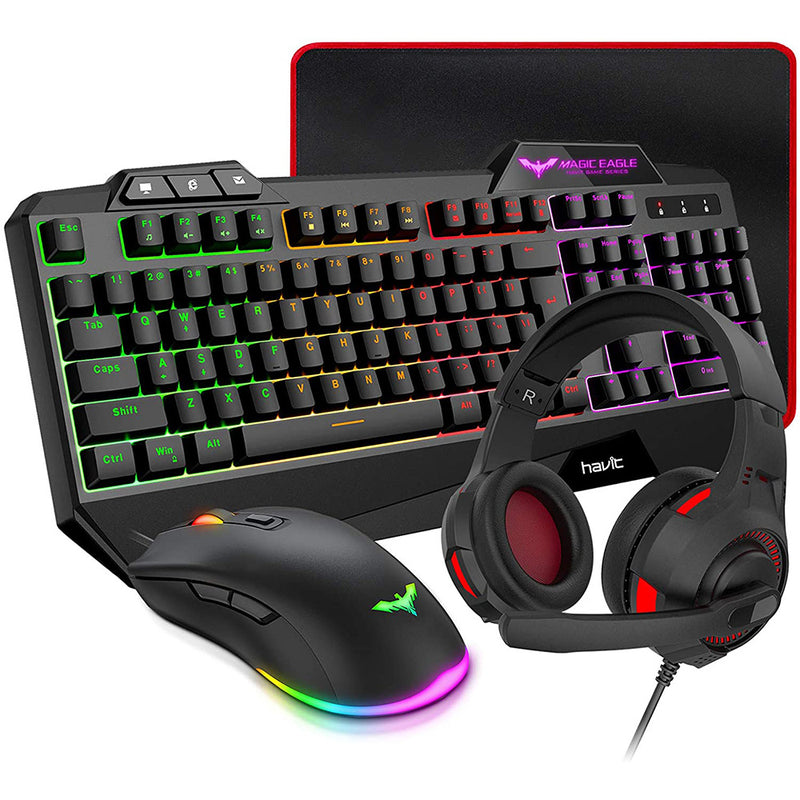 Havit Gaming Keyboard Mouse Headset & Mouse Pad Kit, Rainbow LED Backlit Wired, Over Ear Headphone with Mic