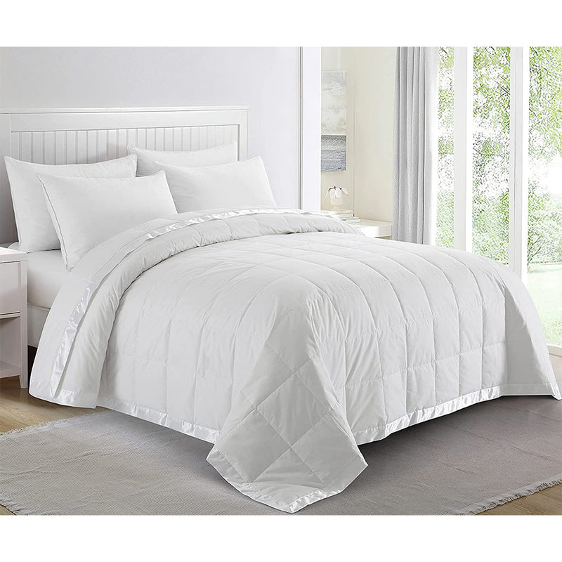 Puredown Soft Lightweight Down Blanket with Satin Trim for Bed 100% Cotton, White, Full/Queen Size